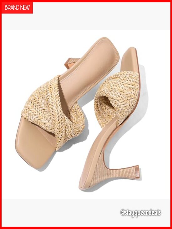 LOVZFMLL Women Women\'s Raffia Heeled Sandals Stiletto Mule Open Square Toe Backless Slip On